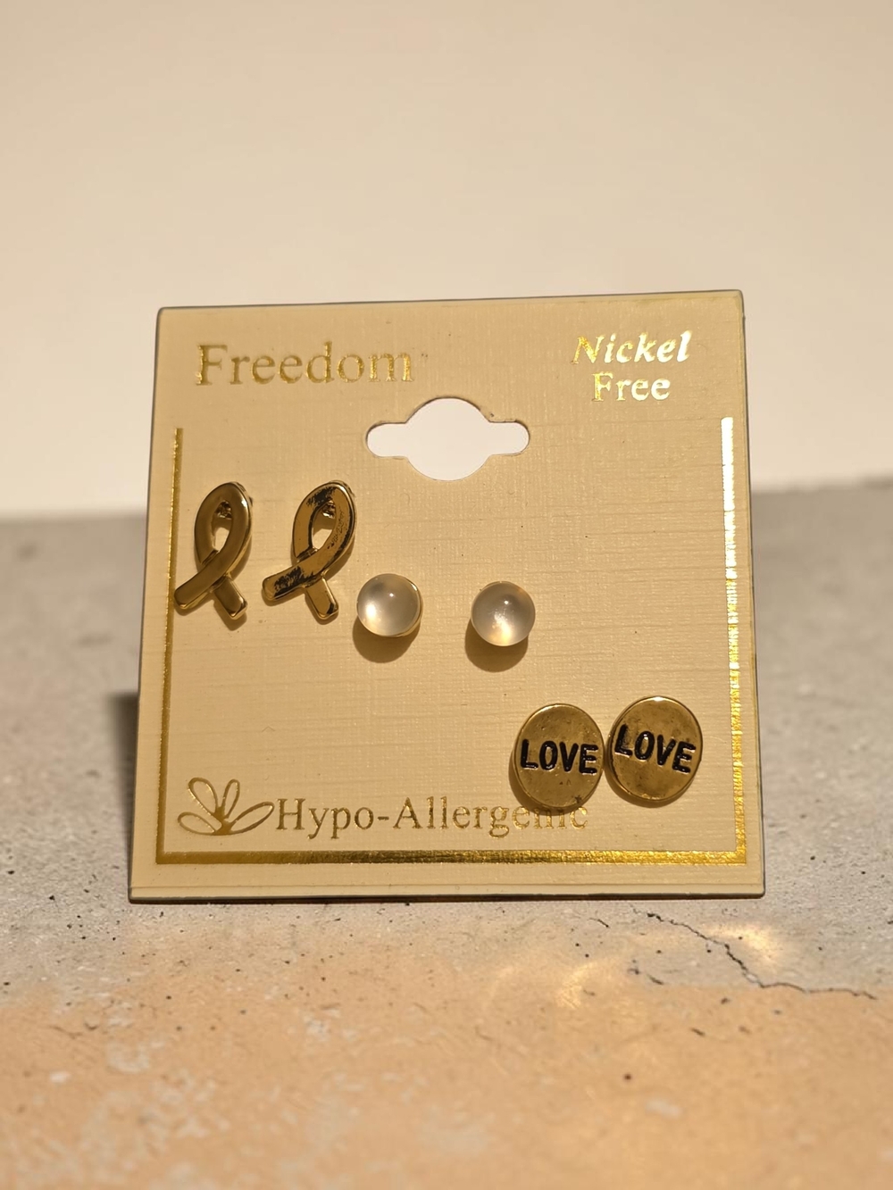 Freedom Gold-Tone Stud Earring Set with Pearl and LOVE Discs